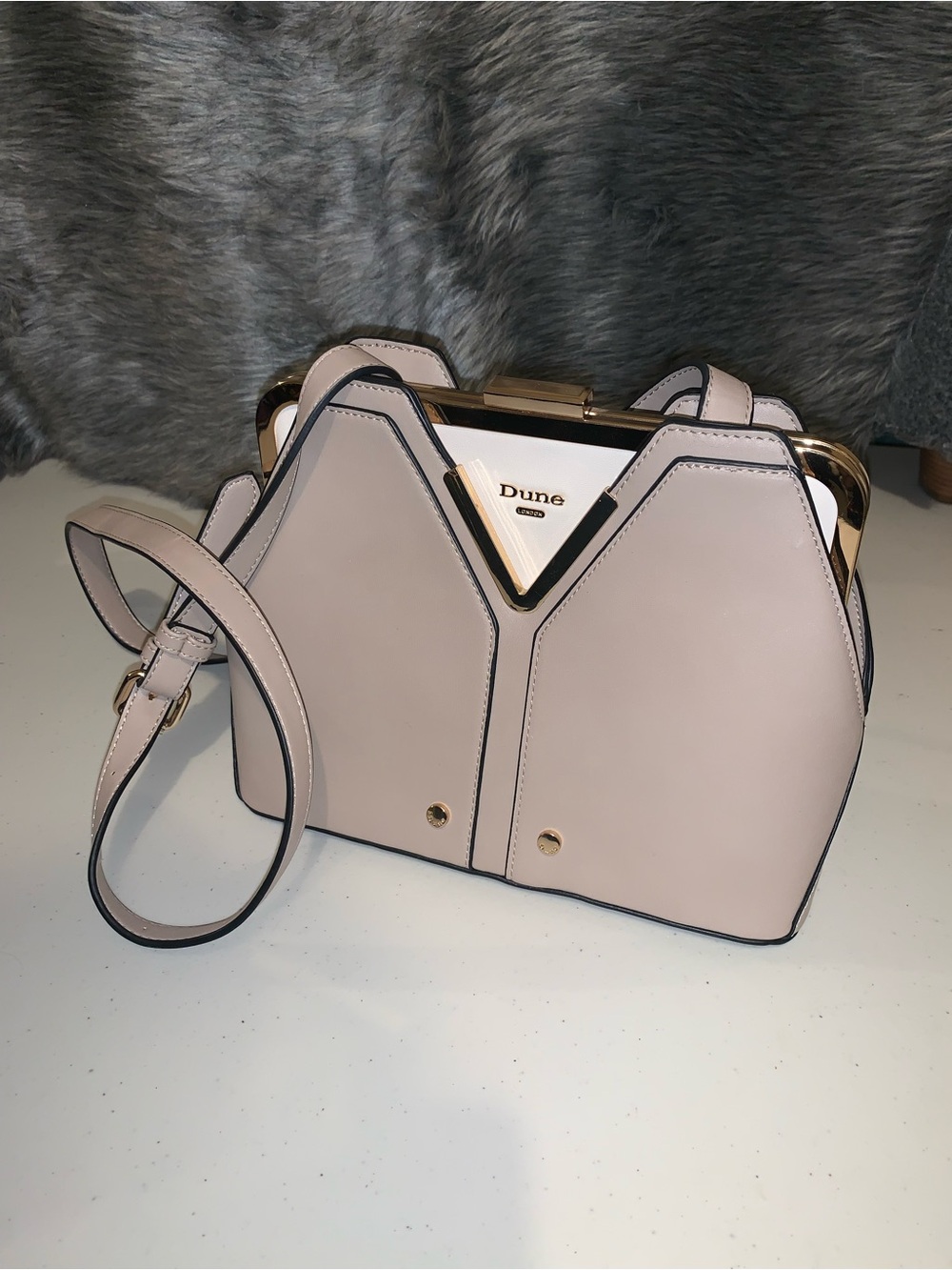 Dune London Beige Dawnie Structured Crossbody Bag with Gold Trim
